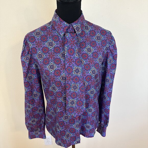 Vtg Womens Purple Blouse Large Purple Geometric Button Up Neck Tie 1980s Poly - Picture 12 of 12